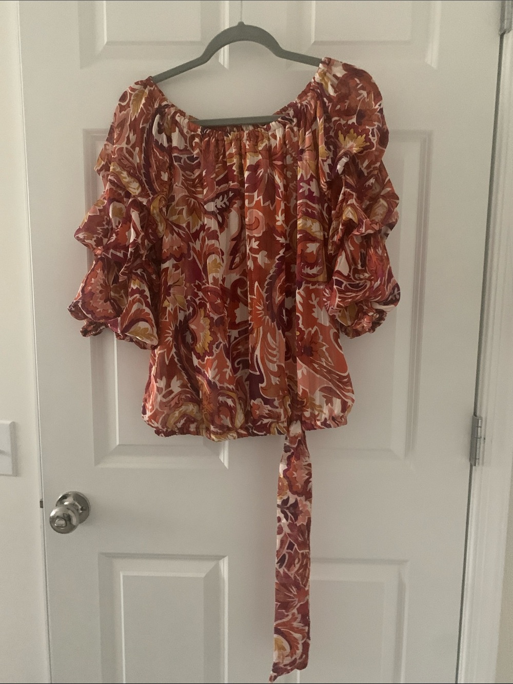 Rust Floral Off-Shoulder Ruffle Blouse
